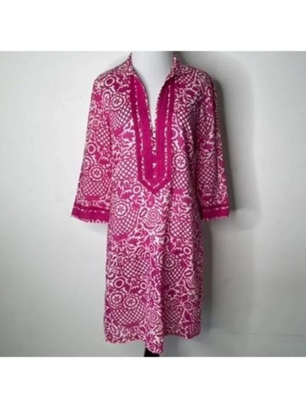 Tory Burch Tunic Dress Pink White Patterned Cotton Size 4 V Neck Midi Mini